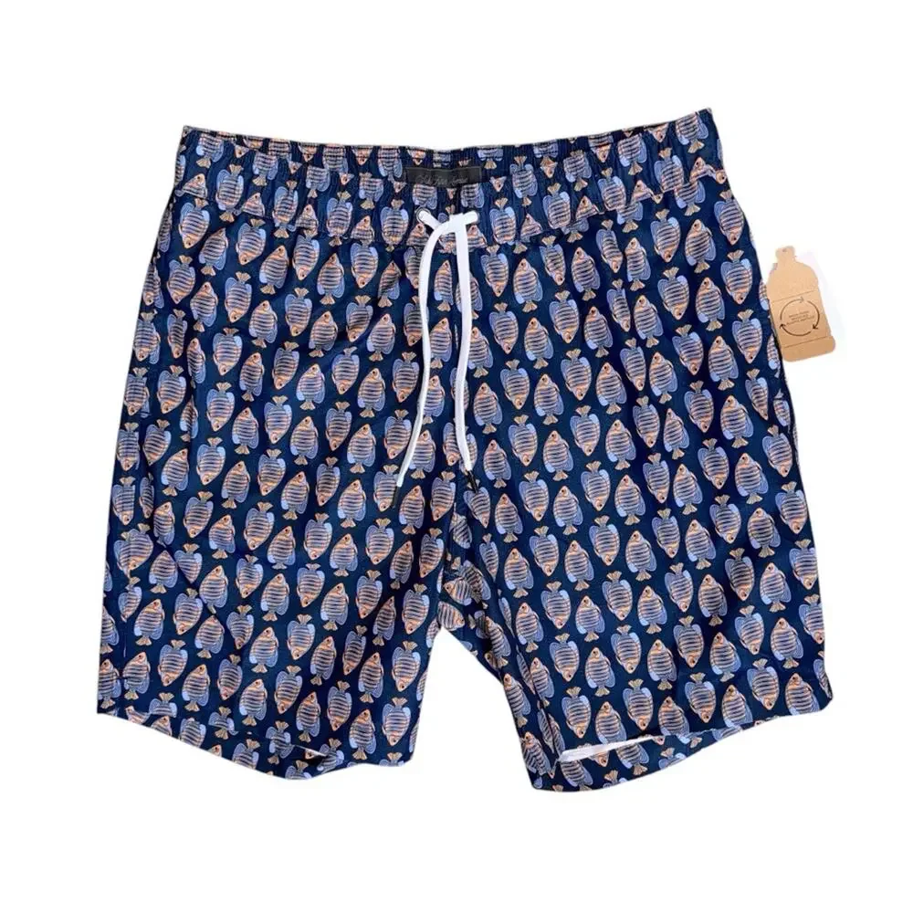 SAKS FIFTH AVENUE Men's Navy Blue Orange Fish Patterned Swim Shorts Trunks
